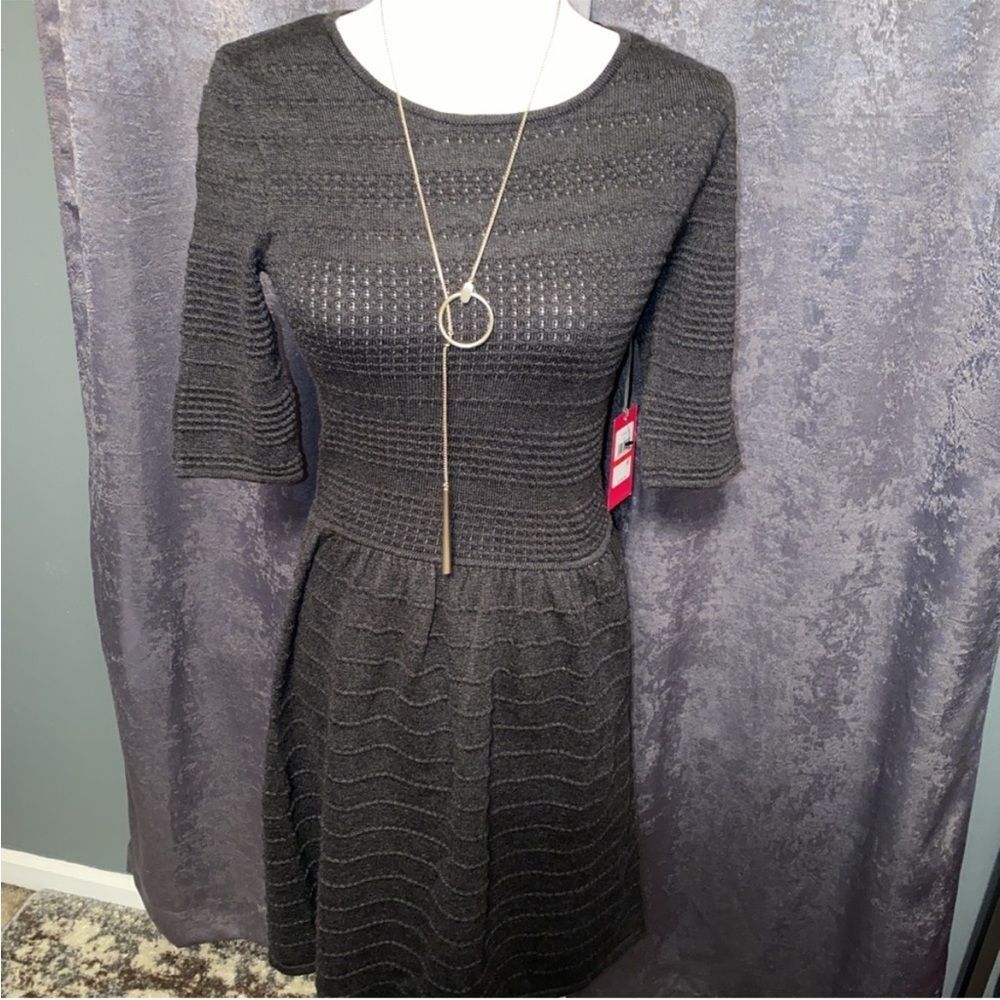 NWT, sz. S, Vince Camuto dropped waist textured grey knit sweater dress